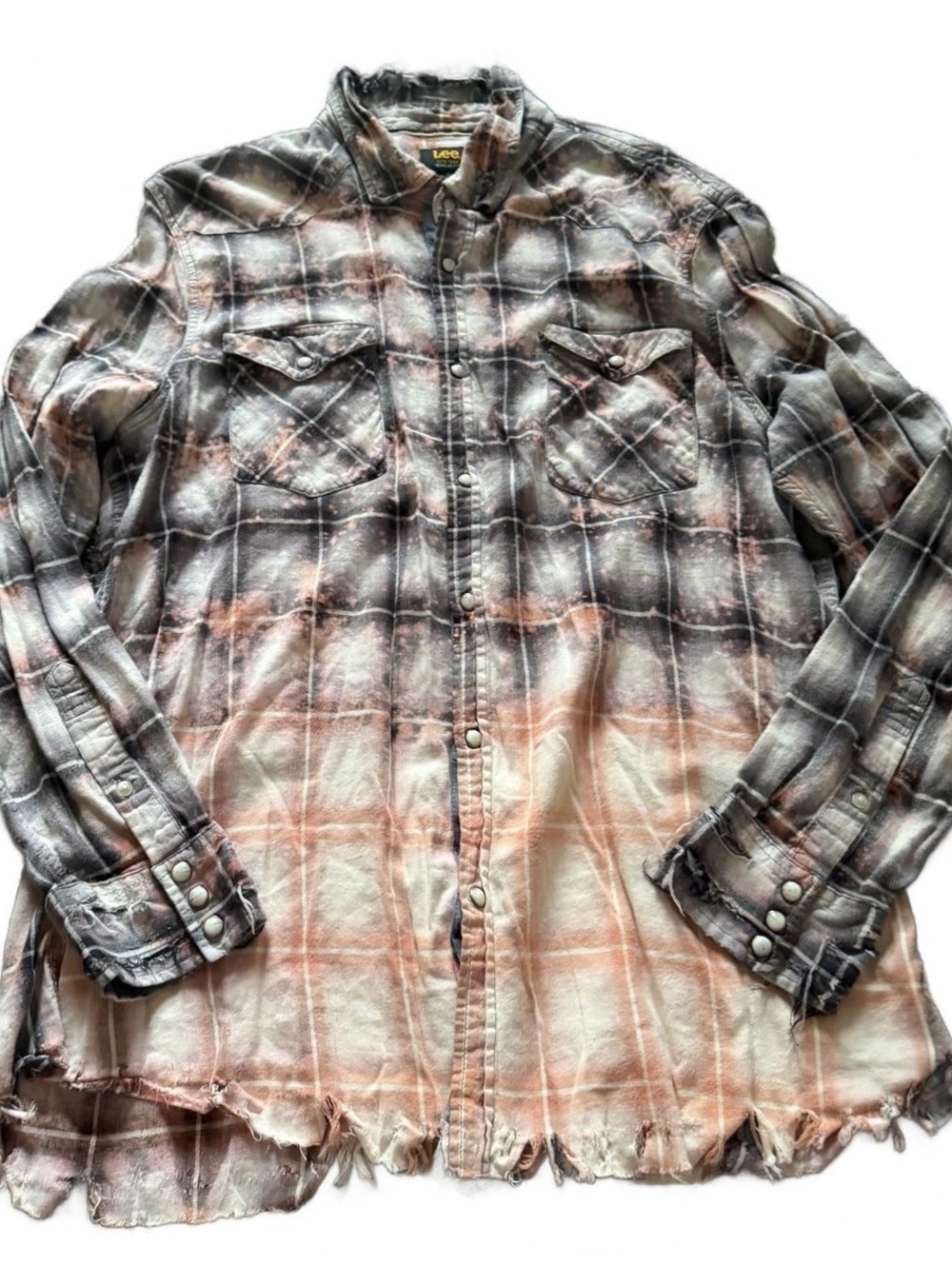 Lee XL Distressed Plaid Ombre Western Pearl Snap Flannel Shirt Grunge